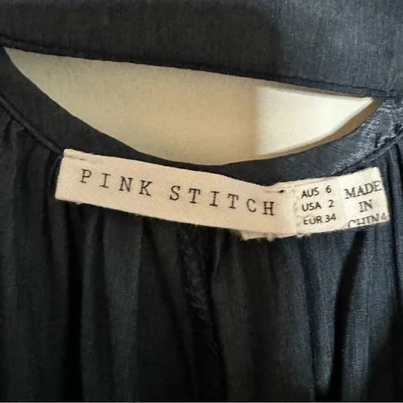 Pink Stitch Navy Satin Slip Dress with Adjustable Spaghetti Straps - Picture 4 of 10